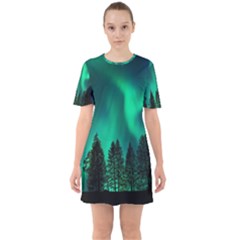 Aurora Northern Lights Phenomenon Atmosphere Sky Sixties Short Sleeve Mini Dress