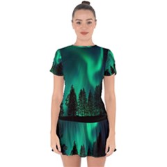 Aurora Northern Lights Phenomenon Atmosphere Sky Drop Hem Mini Chiffon Dress