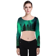 Aurora Northern Lights Phenomenon Atmosphere Sky Velvet Long Sleeve Crop Top by Jancukart