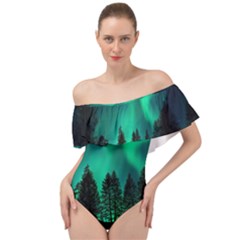 Aurora Northern Lights Phenomenon Atmosphere Sky Off Shoulder Velour Bodysuit  by Jancukart