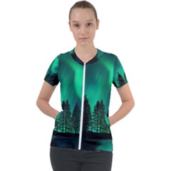 Aurora Northern Lights Phenomenon Atmosphere Sky Short Sleeve Zip Up Jacket by Jancukart