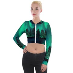 Aurora Northern Lights Phenomenon Atmosphere Sky Long Sleeve Cropped Velvet Jacket by Jancukart