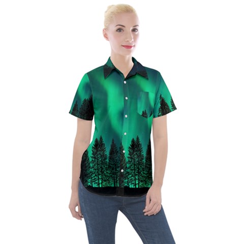 Aurora Northern Lights Phenomenon Atmosphere Sky Women s Short Sleeve Pocket Shirt by Jancukart