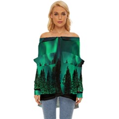 Aurora Northern Lights Phenomenon Atmosphere Sky Off Shoulder Chiffon Pocket Shirt by Jancukart