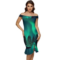 Aurora Northern Lights Phenomenon Atmosphere Sky Off Shoulder Ruffle Split Hem Bodycon Dress