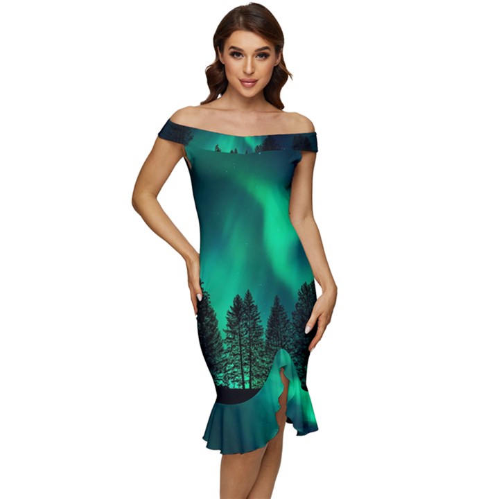 Aurora Northern Lights Phenomenon Atmosphere Sky Off Shoulder Ruffle Split Hem Bodycon Dress