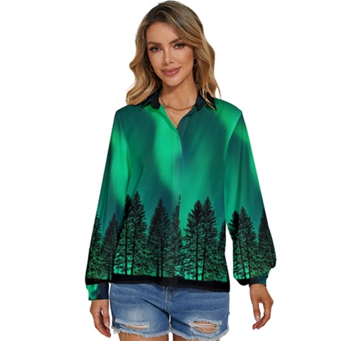 Aurora Northern Lights Phenomenon Atmosphere Sky Women s Long Sleeve Button Down Shirt by Jancukart