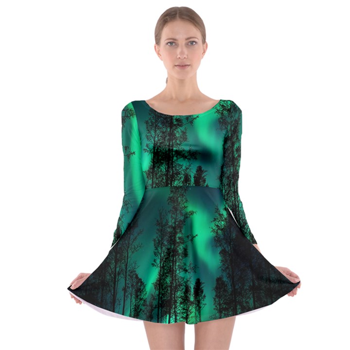 Aurora Northern Lights Celestial Magical Astronomy Long Sleeve Skater Dress