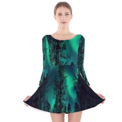 Aurora Northern Lights Celestial Magical Astronomy Long Sleeve Velvet Skater Dress by Jancukart