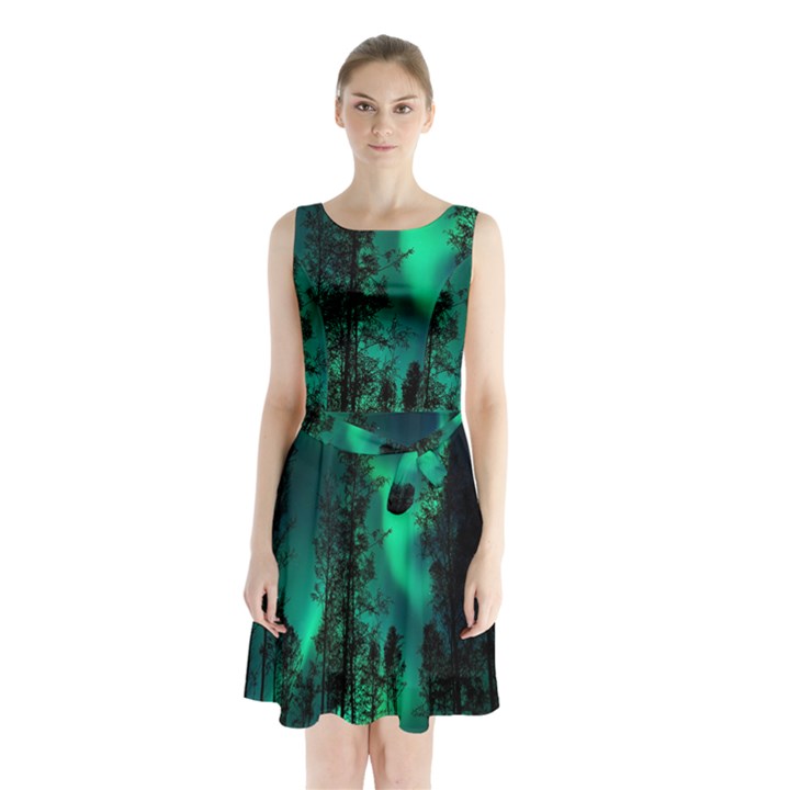 Aurora Northern Lights Celestial Magical Astronomy Sleeveless Waist Tie Chiffon Dress