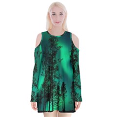 Aurora Northern Lights Celestial Magical Astronomy Velvet Long Sleeve Shoulder Cutout Dress by Jancukart