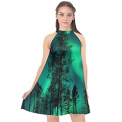 Aurora Northern Lights Celestial Magical Astronomy Halter Neckline Chiffon Dress 