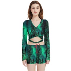 Aurora Northern Lights Celestial Magical Astronomy Velvet Wrap Crop Top And Shorts Set