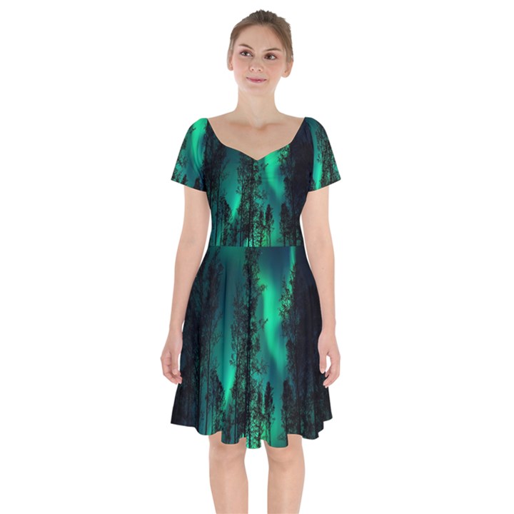 Aurora Northern Lights Celestial Magical Astronomy Short Sleeve Bardot Dress