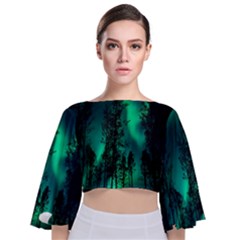 Aurora Northern Lights Celestial Magical Astronomy Tie Back Butterfly Sleeve Chiffon Top