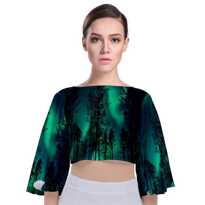 Aurora Northern Lights Celestial Magical Astronomy Tie Back Butterfly Sleeve Chiffon Top