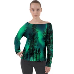 Aurora Northern Lights Celestial Magical Astronomy Off Shoulder Long Sleeve Velour Top by Jancukart