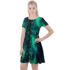 Aurora Northern Lights Celestial Magical Astronomy Cap Sleeve Velour Dress 