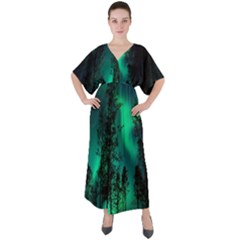 Aurora Northern Lights Celestial Magical Astronomy V-neck Boho Style Maxi Dress by Jancukart