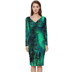 Aurora Northern Lights Celestial Magical Astronomy Long Sleeve V-neck Bodycon Dress  by Jancukart