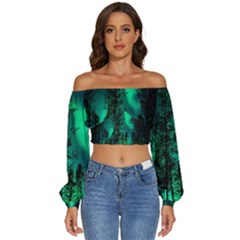 Aurora Northern Lights Celestial Magical Astronomy Long Sleeve Crinkled Weave Crop Top