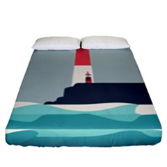 Lighthouse Ocean Nautical Sea Minimal Minimalist Fitted Sheet (king Size) by Pakemis