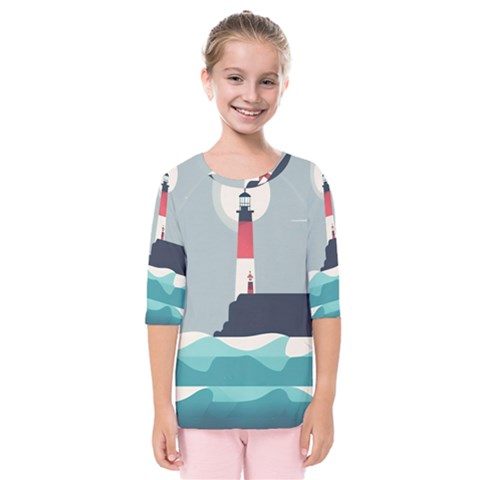 Lighthouse Ocean Nautical Sea Minimal Minimalist Kids  Quarter Sleeve Raglan Tee by Pakemis