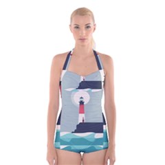 Lighthouse Ocean Nautical Sea Minimal Minimalist Boyleg Halter Swimsuit  by Pakemis