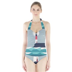 Lighthouse Ocean Nautical Sea Minimal Minimalist Halter Swimsuit by Pakemis