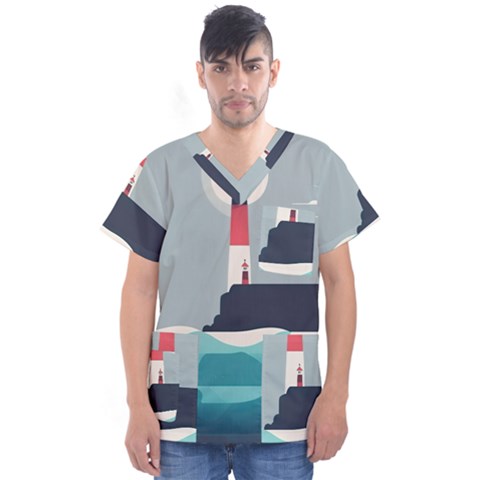 Lighthouse Ocean Nautical Sea Minimal Minimalist Men s V-neck Scrub Top by Pakemis