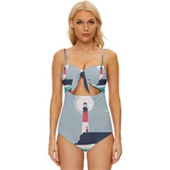 Lighthouse Ocean Nautical Sea Minimal Minimalist Knot Front One-piece Swimsuit by Pakemis