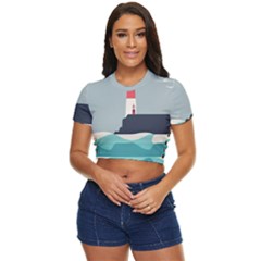 Lighthouse Ocean Nautical Sea Minimal Minimalist Side Button Cropped Tee by Pakemis