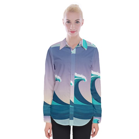 Tsunami Tidal Wave Wave Minimalist Ocean Sea 4 Womens Long Sleeve Shirt by Pakemis