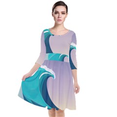 Tsunami Tidal Wave Wave Minimalist Ocean Sea 4 Quarter Sleeve Waist Band Dress by Pakemis