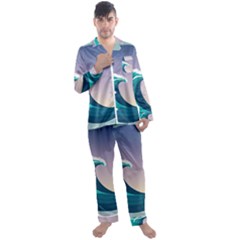 Tsunami Tidal Wave Wave Minimalist Ocean Sea 4 Men s Long Sleeve Satin Pajamas Set by Pakemis