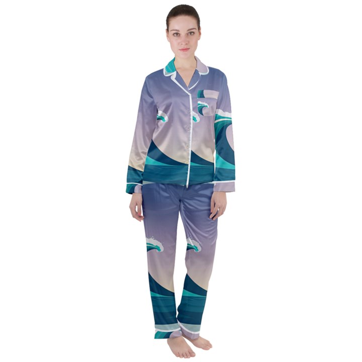 Tsunami Tidal Wave Wave Minimalist Ocean Sea 4 Women s Long Sleeve Satin Pajamas Set	