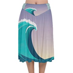 Tsunami Tidal Wave Wave Minimalist Ocean Sea 4 Velvet Flared Midi Skirt by Pakemis