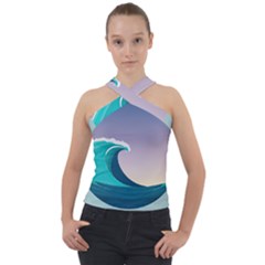 Tsunami Tidal Wave Wave Minimalist Ocean Sea 4 Cross Neck Velour Top by Pakemis