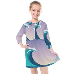 Tsunami Tidal Wave Wave Minimalist Ocean Sea 4 Kids  Quarter Sleeve Shirt Dress by Pakemis