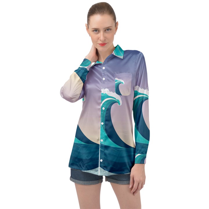 Tsunami Tidal Wave Wave Minimalist Ocean Sea 4 Long Sleeve Satin Shirt