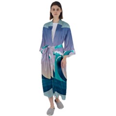 Tsunami Tidal Wave Wave Minimalist Ocean Sea 4 Maxi Satin Kimono by Pakemis