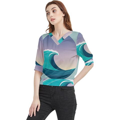 Tsunami Tidal Wave Wave Minimalist Ocean Sea 4 Quarter Sleeve Blouse by Pakemis