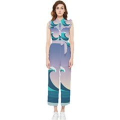 Tsunami Tidal Wave Wave Minimalist Ocean Sea 4 Women s Frill Top Chiffon Jumpsuit by Pakemis