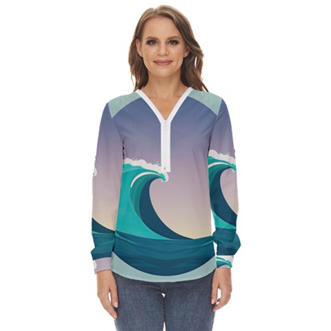 Tsunami Tidal Wave Wave Minimalist Ocean Sea 4 Zip Up Long Sleeve Blouse by Pakemis