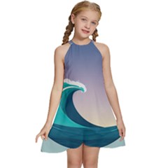 Tsunami Tidal Wave Wave Minimalist Ocean Sea 4 Kids  Halter Collar Waist Tie Chiffon Dress by Pakemis