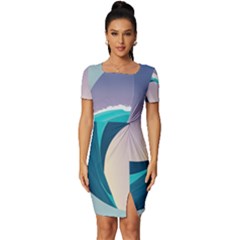 Tsunami Tidal Wave Wave Minimalist Ocean Sea 4 Fitted Knot Split End Bodycon Dress by Pakemis