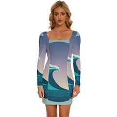 Tsunami Tidal Wave Wave Minimalist Ocean Sea 4 Long Sleeve Square Neck Bodycon Velvet Dress by Pakemis