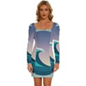 Tsunami Tidal Wave Wave Minimalist Ocean Sea 4 Long Sleeve Square Neck Bodycon Velvet Dress View1