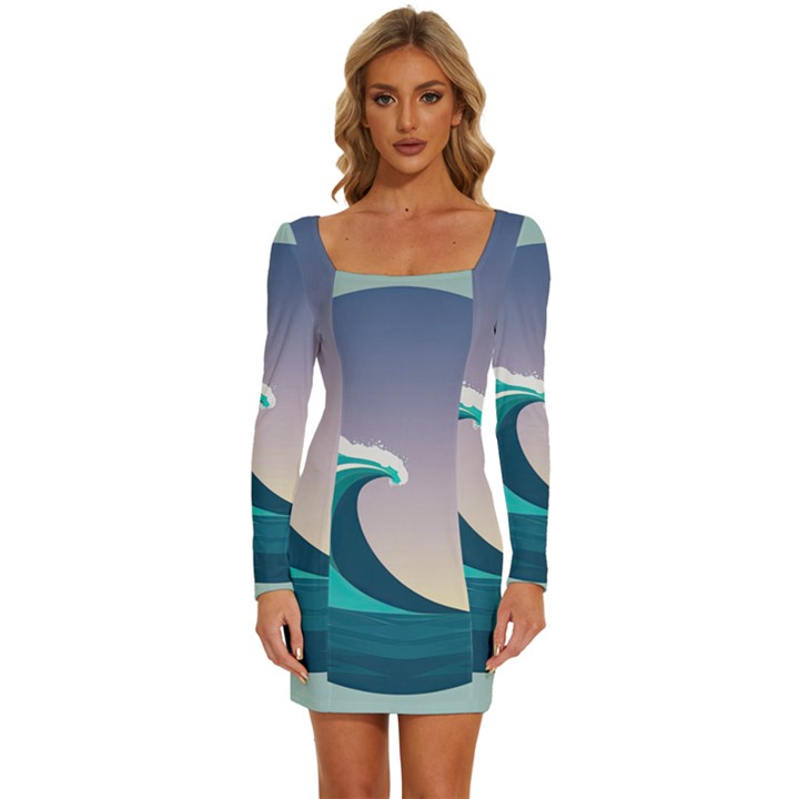 Tsunami Tidal Wave Wave Minimalist Ocean Sea 4 Long Sleeve Square Neck Bodycon Velvet Dress