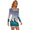 Tsunami Tidal Wave Wave Minimalist Ocean Sea 4 Long Sleeve Square Neck Bodycon Velvet Dress View3